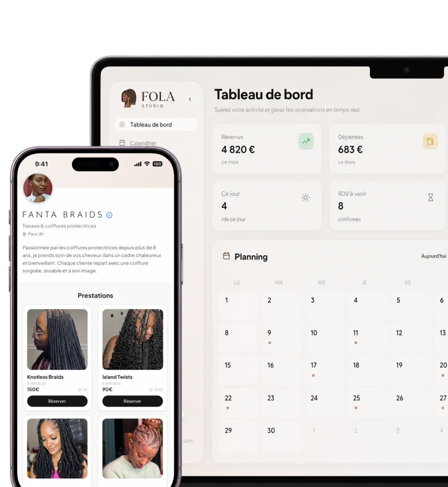 Aperçu du site client et du tableau de bord JustBraid